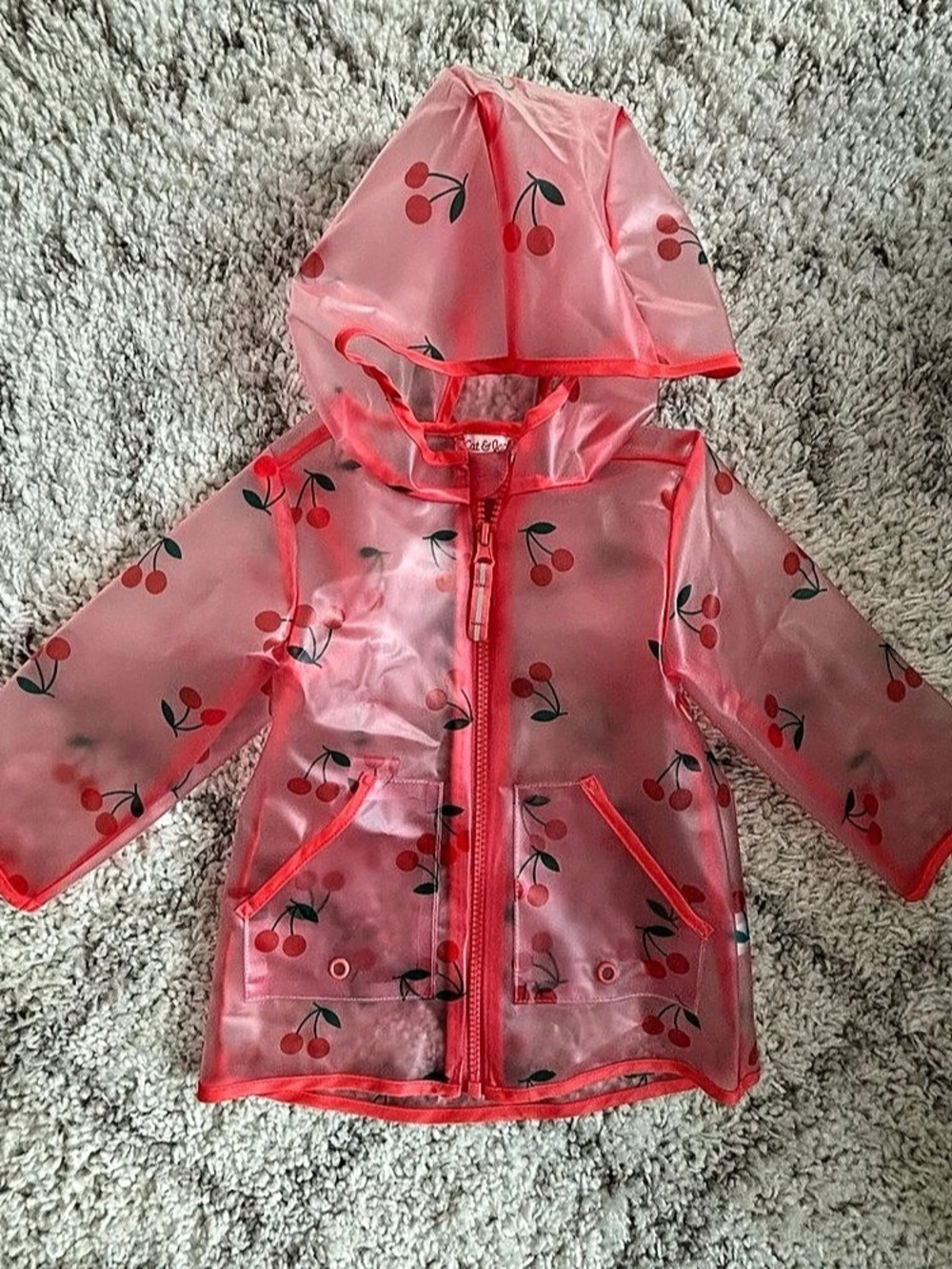 Cat & Jack Girls Pink Cherry Print Hooded Rain Jacket – 12M